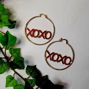 Gold Filled Hoop Earrings XOXO Red Crystals